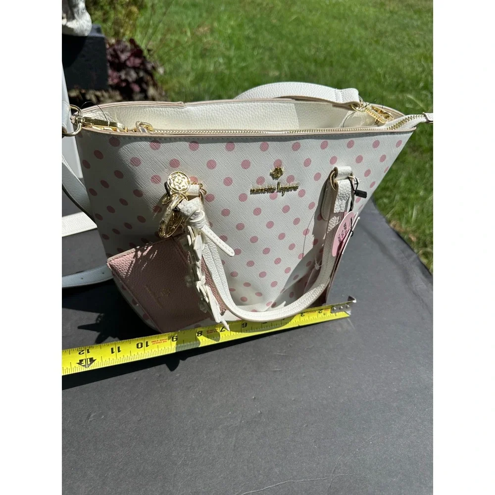 Nanette Lepore White Pink Polka Dot Satchel Handbag Crossbody Bag Charm NWT